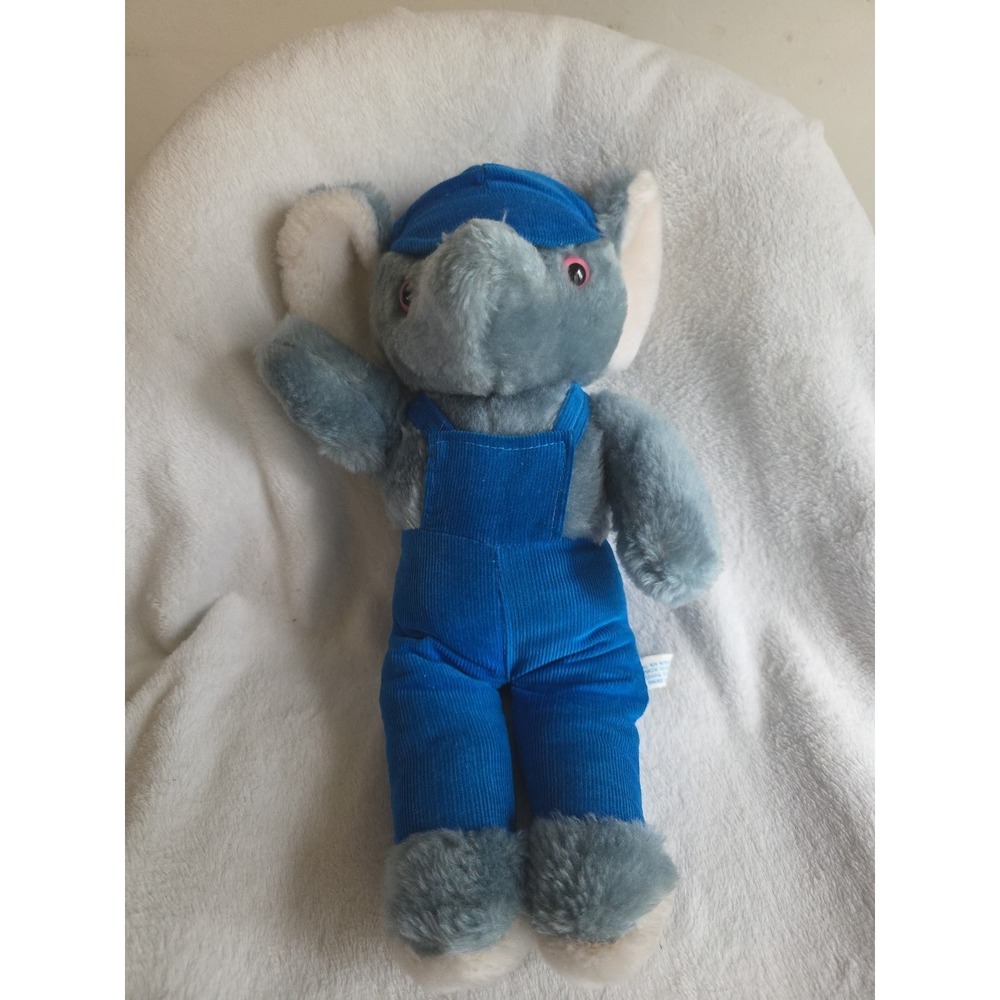 Vintage Interpur Elephant Plush in Blue Overalls &‎ Hat – Made in Korea 1980s